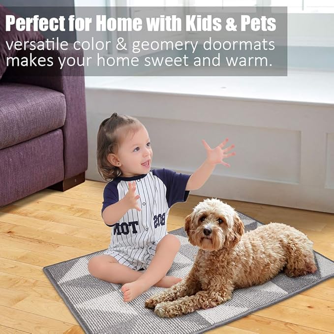 Indoor Doormat 24"x 36", Absorbent Front Back Door Mat, Rubber Backing Non Slip Floor Mats Inside Mud Dirt Trapper Outside Entrance Front Door Rug Carpet, Machine Washable Low Profile - Grey Geome