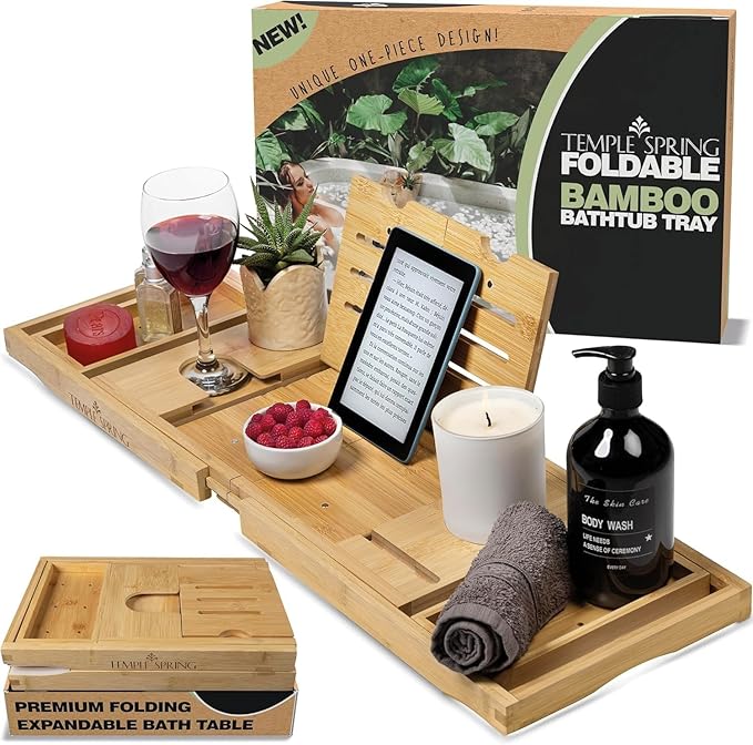 Temple Spring Foldable Bathtub Tray, Unique Design Selfcare Bathroom Caddy, Bamboo Spa Bathroom Tray, Wooden Bathtub Accessories, Wedding Gift/Birthday Gift/New Home Bath Table