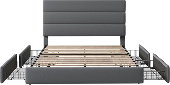 Allewie Modern Queen Size Platform Bed Frame with 4 Storage Drawers and Velvet Upholstered Headboard, Wooden Slats Support, Upholstered Mattress Foundation/No Box Spring Needed/Easy Assembly, Grey