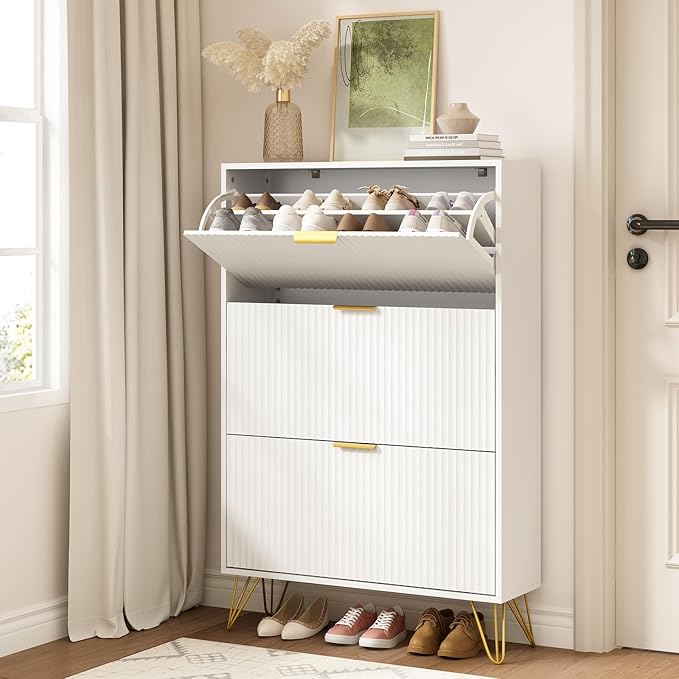 Slim Shoe Cabinet with 3 Flip Drawers, Fluted Shoe Cabinet Storage for Entryway, Narrow Shoe Storage Cabinet, Modern Freestanding Shoe Rack Organizer for Entryway, White