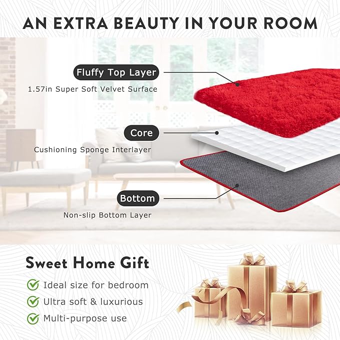 Soft Red Rugs for Bedroom, 4x6 Fluffy Fuzzy Shaggy Rugs for Living Room, Non-Slip Bedside Shag Rug Carpet for Kids Room Nursery Dorm Home Decor
