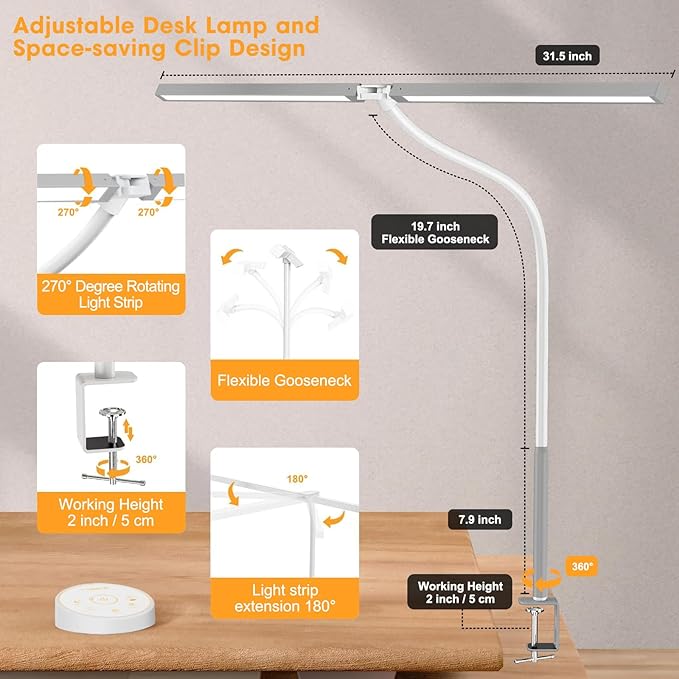 Led Desk Lamp for Office Home - Eye Caring Architect lamp with Clamp,Dual Screen Computer Monitor Work Smart Light: 24W 5 Color Flexible Adjustable Lighting Table Lamp for Study Drafting Grey