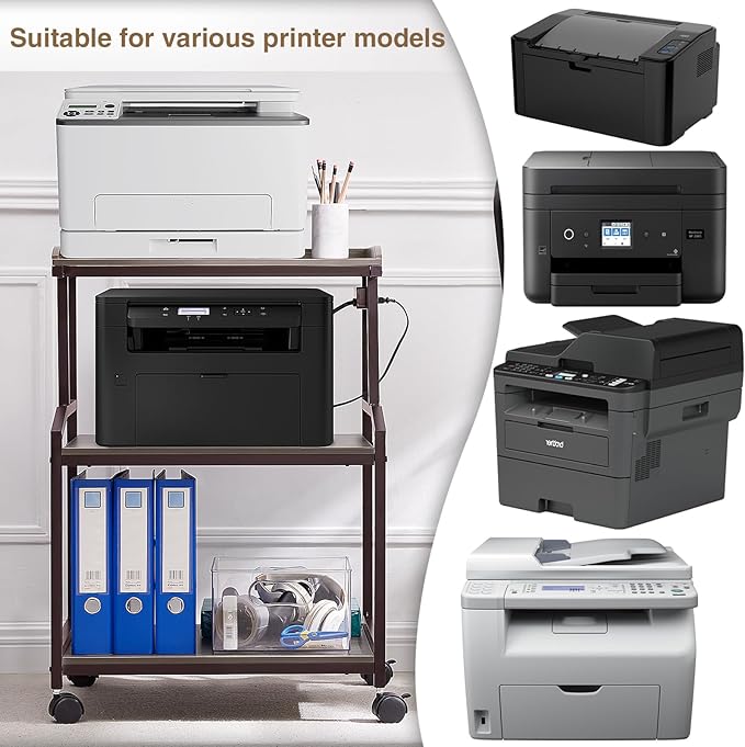 Lauren&Harold 34'' Printer Stand with Power Outlets & USB Ports, 3-Tier Adjustable Rolling Cart, Heavy Duty 150LBS Storage Table with Wheels for Office, Kitchen, Living Room, Grey/Bronze