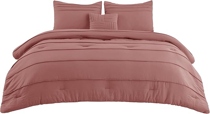 Bedsure King Comforter Set - 4 Pieces Pinch Pleat Bed Set, Dusty Pink Boho Bedding for All Season, 1 Soft Comforter, 2 Pillowcases, 1 Decorative Pillow