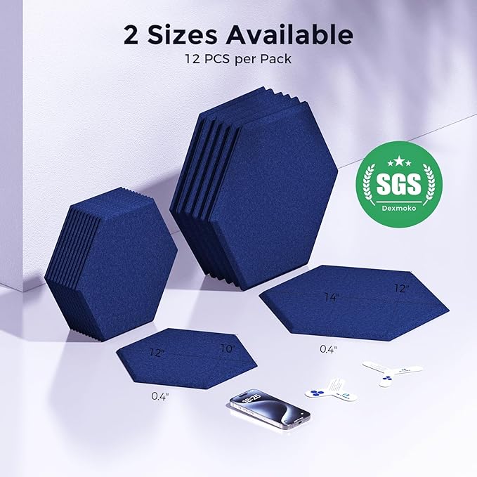 Self-Adhesive Acoustic Panels [390 lbs/yd³ Ultra-High Density], 2nd Generation Sound Absorbing Panel, Professional Level Sound Panel, Polyester Soundproof Foam [Size M, Dark Blue]