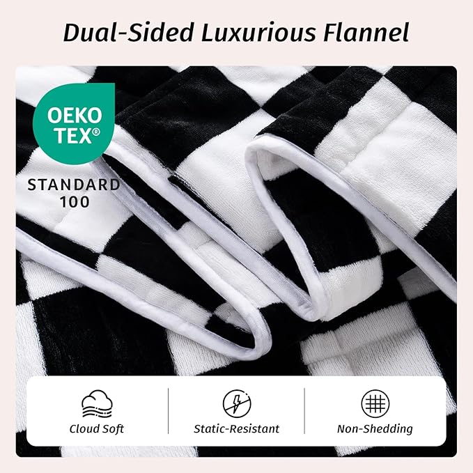 Wemore Flannel Fleece Weighted Blanket for Adult Queen Size 15 lbs, Dual Sided Luxurious Checkerboard Grid Heavy Blankets, Ultra Soft Throw Blanket, Plaid Black, 60 x 80 inches
