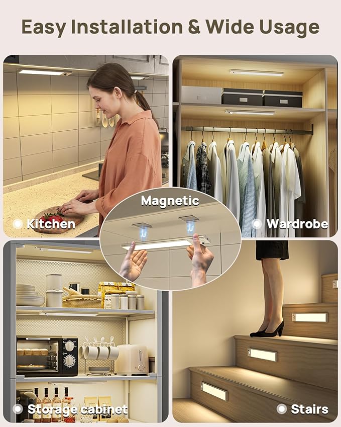 Under Cabinet Lighting with Remote Control,2500mAh USB Rechargeable Motion Sensor Light Indoor,350 Lumen LED Closet Lights,3 Color Temps Wireless Under Counter Lights for Kitchen,Pantry, Stair, 4 Pack