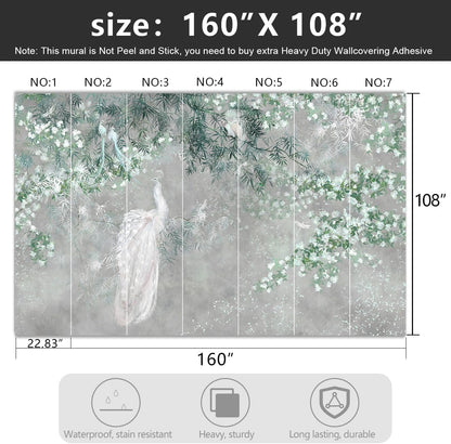 -Green Leaf Botanical Peacock Fabric Wallpaper Wallpaper Living Room Bedroom Bathroom Grey Plant Large Wall Mural- 160"x108"（ not Peel and Stick）