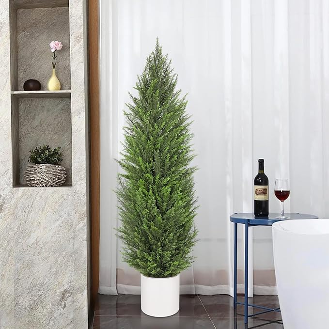 Briful 2PCS 5ft Artificial Cedar Topiary Trees in White Planter – Tall Faux Evergreen Potted Plants, Indoor Outdoor Fake Cypress Shrubs, Lifelike Fake Trees for Home, Office, Patio, Porch, Entryway