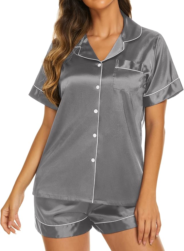 Ekouaer Silk Pajamas for Women Short Sleeve Sleepwear Soft Button Down Loungewear 2 Piece Satin Pjs Shorts Set