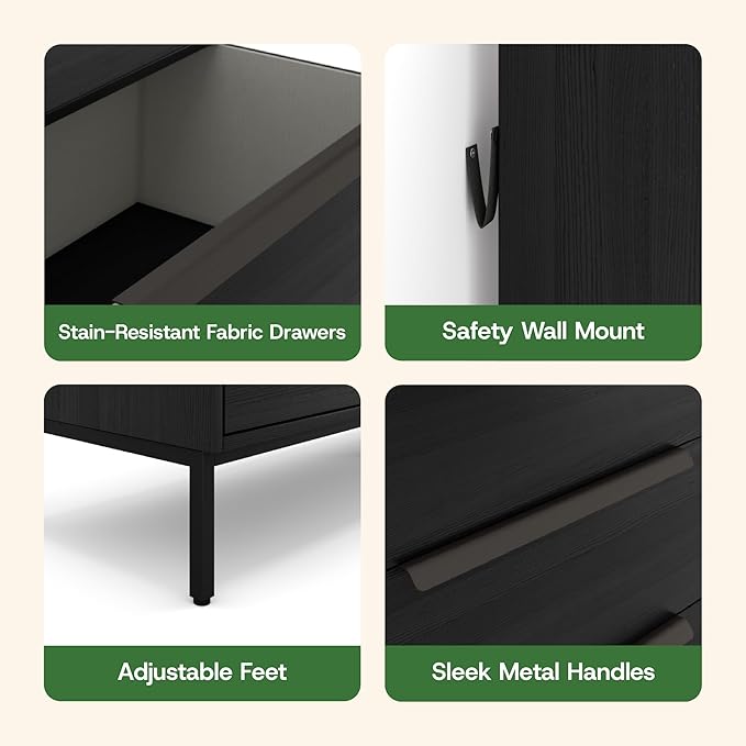 tinge Lira Premium Fabric Dresser - Solid Wooden Frame, 4 Spacious Sag-Proof Drawers with Sleek Metal Handles - Sleek & Durable Storage Solution for Your Home (Black)