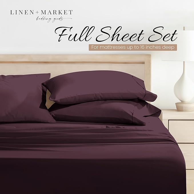Linen Market Brushed Microfiber Full Sheet Set 4 Piece – Oeko-TEX Certified Ultra Soft & Wrinkle-Free - 16" Deep Pocket Sheets - Easy Care Full Size - Purple