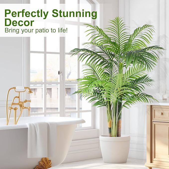 5ft Tall Triple Golden Cane Palm Artificial Tree Large Tropical Palm Tree UV Resistant Fake Plant in Pot for Indoor Outdoor Big House Living Room Outside Patio Office Home Decor 2Pack