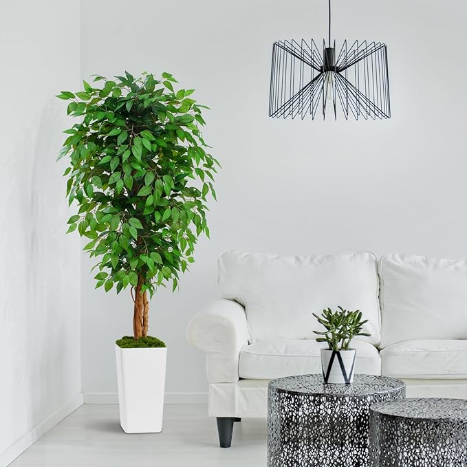 6ft Ficus Artificial Tree with 3 Natural Curved Trunks, 74" Tall Lush Faux Tree for Home Decor Indoor, Green Lifelike Fake Ficus Tree with White Planter Pot