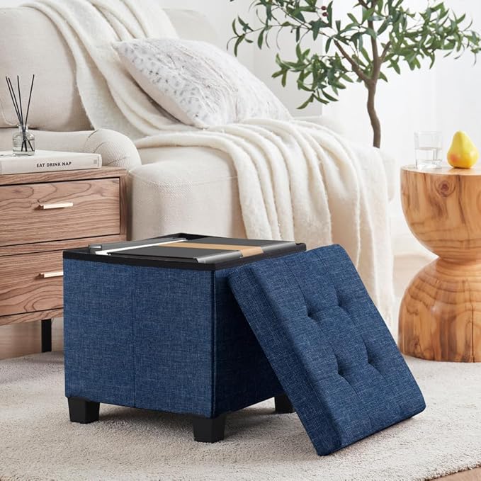 Ornavo Home 15 Inch Folding Storage Ottoman with Storage, Square Cube Linen Small Storage Ottoman Foot Rest Stool with Legs - Navy Blue