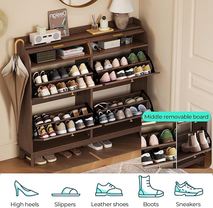 LINSY Shoe Storage Cabinet, Rattan Shoe Cabinet Flip Drawer Shoes Rack Cabinet with Sliding Tambour Door, Large Shoe Cabinets Mid Century Modern Hidden Shoe Storage Organizer for Entryway, Walnut