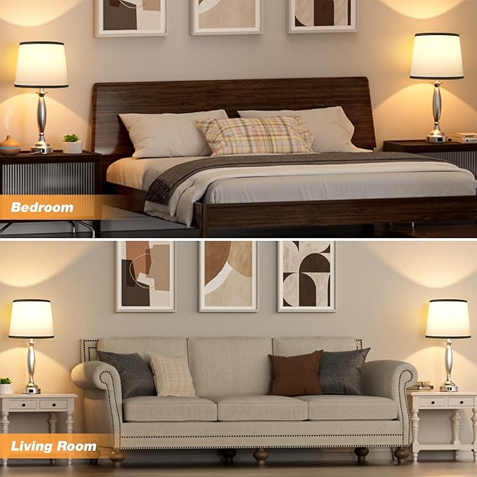 Seealle Lamps for Bedrooms Set of 2 - Touch Bedside Lamp with USB C+A, 3 Way Dimmable Nightstand Lamps with USB Port, Wood Table Lamp for Living Room Guest Room Bed Side End Table(Bulbs Included)