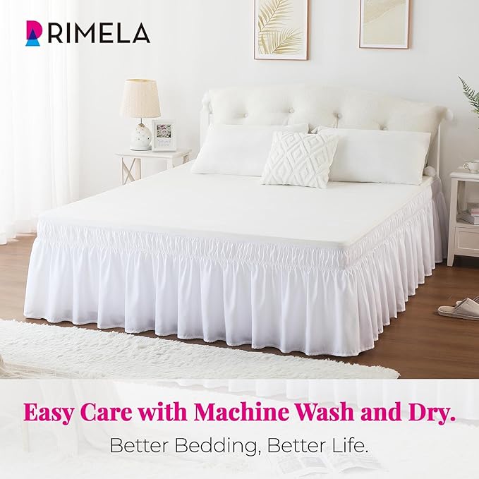 RIMELA Bed Skirt King Size White Bed Skirt 25 Inch Drop, Wrap Around Elastic Adjustable Bedskirt, Dust Ruffle for Bed Frame & Box Spring Soft Durable Fabric Machine Washable Easy to Install