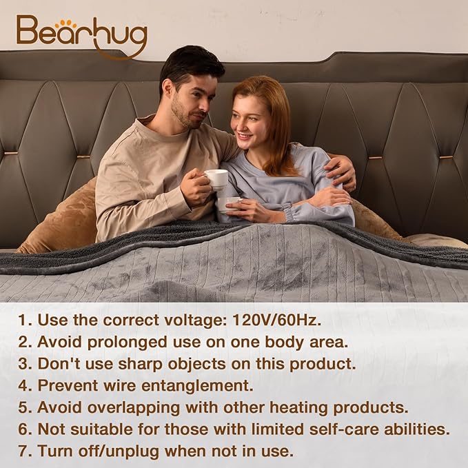 Bearhug Electric Blanket Queen Size 84" x 90", Dual Controller Heated Blanket, Faux Fur & Sherpa, 10-Heat Levels & 1-12H Auto Off, Over-Heat Protect, ETL, Machine Washable