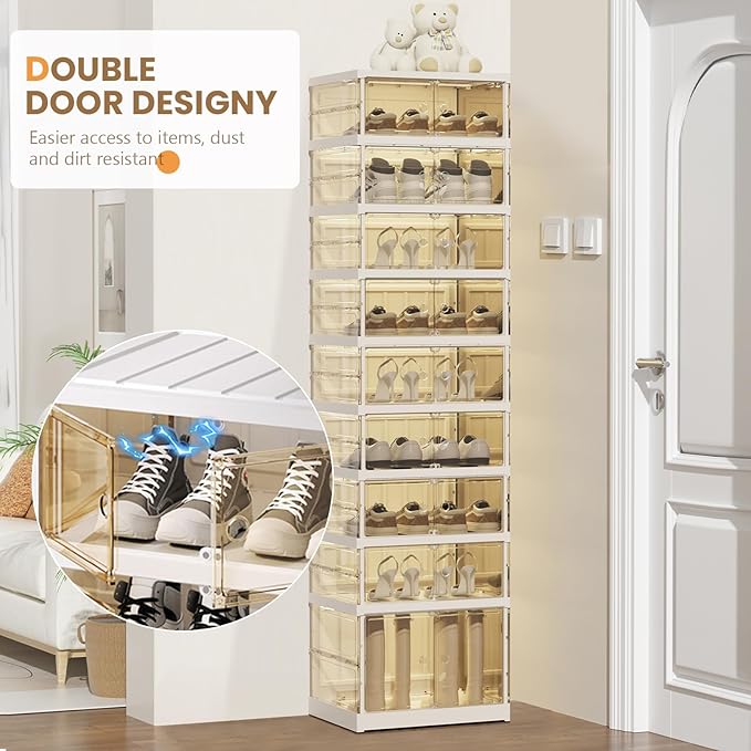 Shoe Rack Organizer for Closet Entryway Foldable Sneaker Storage Shoe, Collapsible Shoe Cabinet, Stackable Shoe Storage Cabinet with Lids for Living Room (9 Tiers -18 Pairs Transparent)