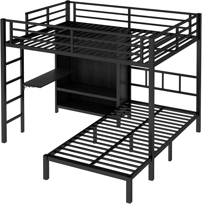 Full XL Over Twin Metal Bunk Bed with Folding Desk, Closet with LED, Space-Saving/Noise Reduced, Black Classic Platform Bed Frame, Easy Assembly YJXW1580S00113