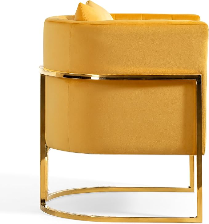 Velvet Modern Accent Chairs Set of 2, Upholstered Barrel Armchair Mid Century with Pillow for Living Room, Comfy Single Vanity Chair with Metal Gold Legs for Bedroom, Yellow