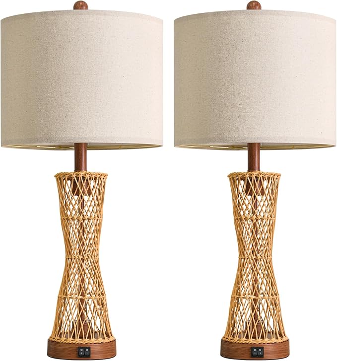 OYEARS 27" Table Lamps Set of 2 with Rattan & Dual Lights, Boho Lamps for Nightstands, Bedside Lamps for Bedroom, Nightstand Lamp for Living Room, Farmhouse Table Lamp for Office & Study