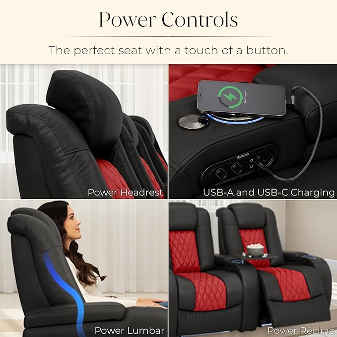 Seatcraft Diamante Zero-Gravity CoolZero Italian Leather Home Theater Seating, Power Headrest, Power Recline, Row of 4 Sofa, Black/Red
