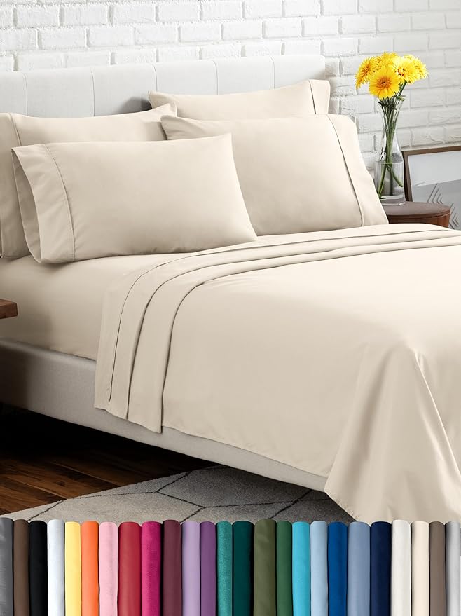 Bare Home Hotel Luxury Full Sheet Set, Extra Soft - 6 Piece Set - Deep Pockets - Easy Fit - Cooling & Breathable - Wrinkle, Fade, Stain Resistant - Includes 4 Pillowcases (Full, Sand)