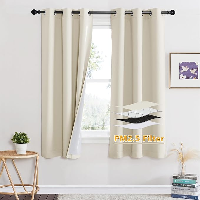RYB HOME Soundproof Curtains for Bedroom, PM2.5 Particle Filter 100% Blackout Energy Saving Small Window Curtains for Baby Nursery Living Room Home Office, Beige, W 42 x L 63 inches, 2 Pcs