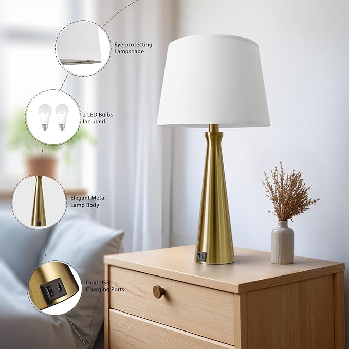 Seealle Modern Table Lamps Set of 2 - Touch Bedside Lamp for Nightstand with Dual USB C+A,3-Way Dimmable Coppery Nightstand Lamps for Living Room Bedroom End Table with White Shade(Bulb Included)