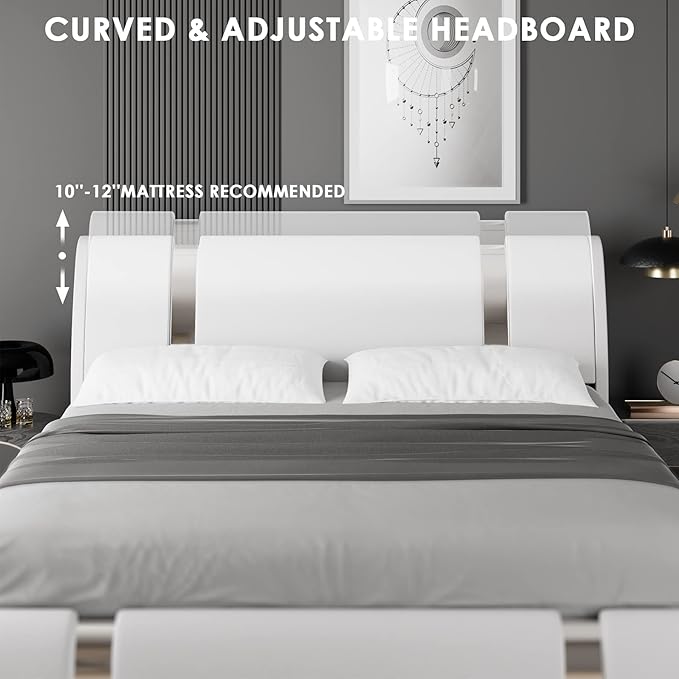TTVIEW Modern Faux Leather Upholstered Platform Bed Frame with Iron Metal Decor, Adjustable Curved Headboard, Wooden Slats Support, No Box Spring Needed, Queen Size, White