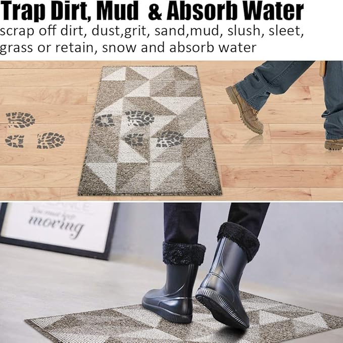 Indoor Doormat 24"x 36", Absorbent Front Back Door Mat Floor Mats, Rubber Backing Non Slip Door Mats Inside Mud Dirt Trapper Entrance Front Door Rug Carpet, Machine Washable Low Profile-Brown Geome
