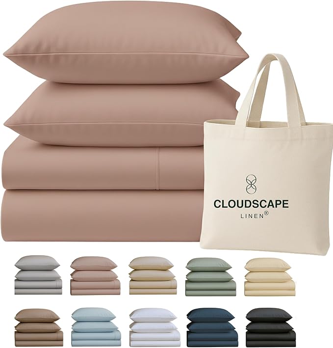 Cloud Scape Linen 100% Egyptian Cotton Sheets Full Size, 4 Pieces Luxury Bedding Set, 400 Thread Count,Hotel Quality, Silky Soft, Deep Pockets up to 17, Sepia Rose