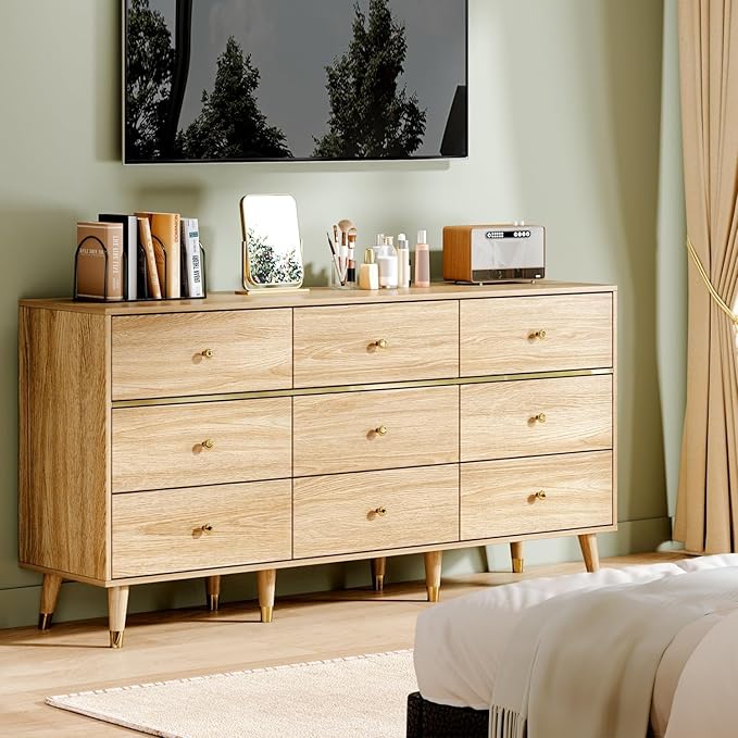 9 Drawer Dresser,63" Wide Mid Century Modern Chest of Drawers,Wooden Bedroom Drawer Dresser with 9 Storage Drawers for Bedroom, Living Room,with Anti-Tipping Device,Natural