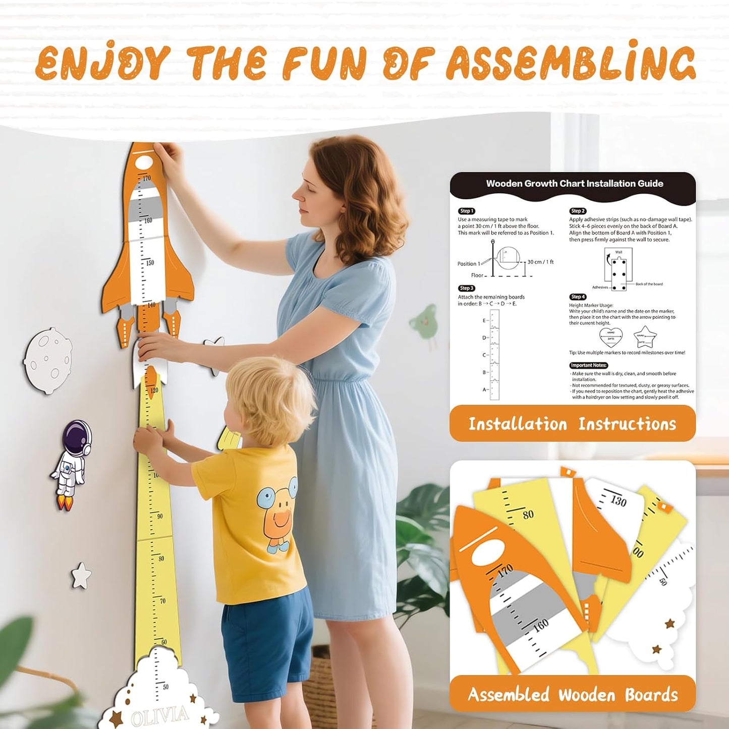 Personalized Name Height Chart for Kids, Cute Rocket Wooden Growth Chart for Kids, Wall Height Chart for Children, Cute Wall Ruler for Kids, Track Height Measurement, Easy to Install
