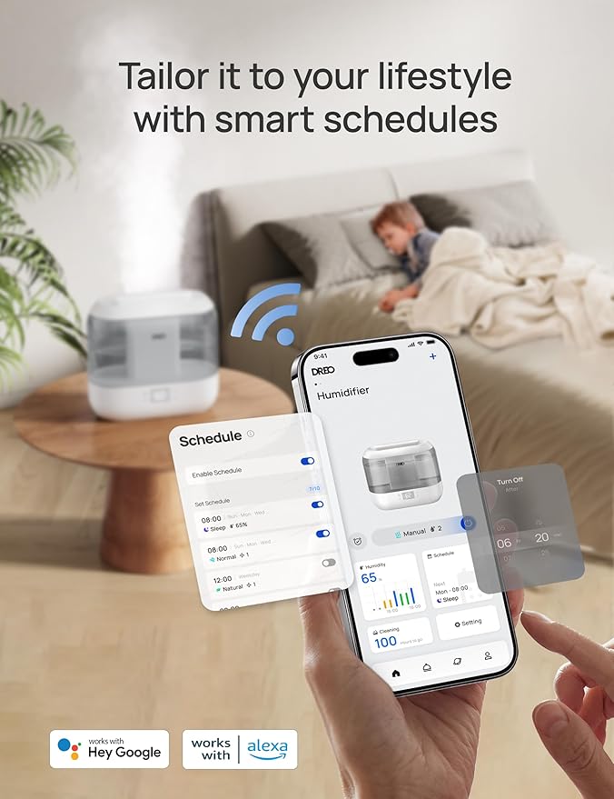 Dreo Smart Humidifiers for Bedroom, Top Fill 4L Supersized Humidifier Large Room with 28 dB, 36H Runtime, Touch/APP/Voice Control, Nightlight, Cool Mist Humidifiers for Baby, Plants, Indoor, Grey