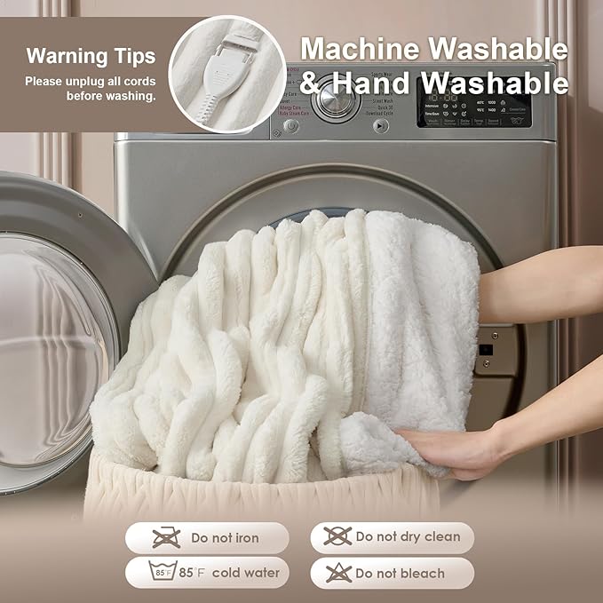 Hansleep Heated Blanket Queen Size Electrci Throw Dual Control, Heating Blanket with 9 Heating Levels and 10-Hour Timer Auto Shut Off, Washable Soft Warm Winter Blanket, 80 x 90 Inches, Beige