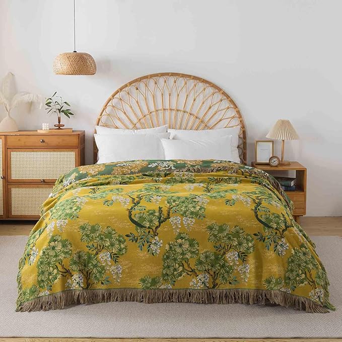 Qidordour Boho Throw Blanket, 60"x80" Muslin Blankets, 100% Organic Cotton Blanket for Couch Sofa, Lightweight Quilt with Tassel, All Season Bed Throw, Farmhouse Home Decor, A-Sophora Flower