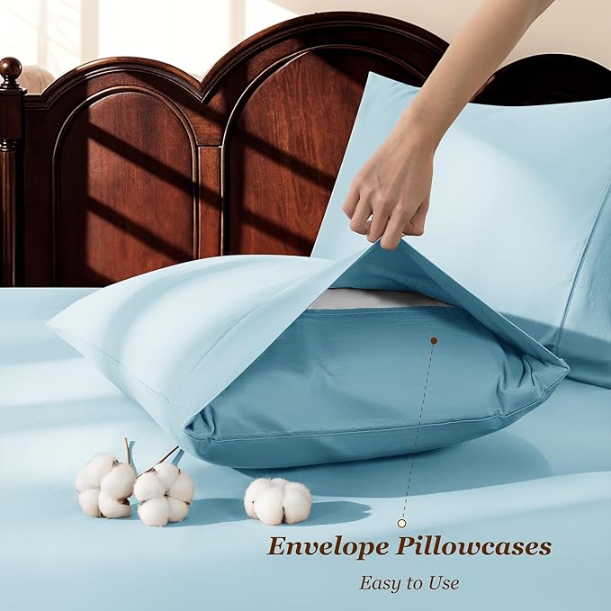 LBRO2M 1000 Thread Count 100% Egyptian Cotton Sheets Set California King Size, 4 Piece Sets Bed Sheet Deep Pocket Sheet Set 16" Soft Comfortable All Season (Clifornia King, Light Blue)
