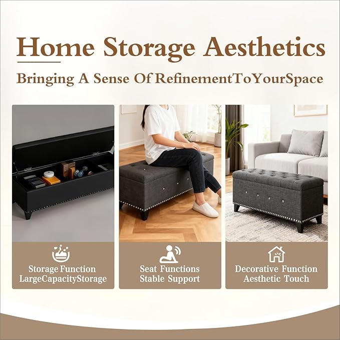 47.5” Storage Ottoman Bench, Upholstered Button-Tufted End of Bed Bench with Soft-Close Hinge & Solid Wood Legs, Foot Rest for Living Room, Bedroom, Hallway (Linen, Dark Grey)