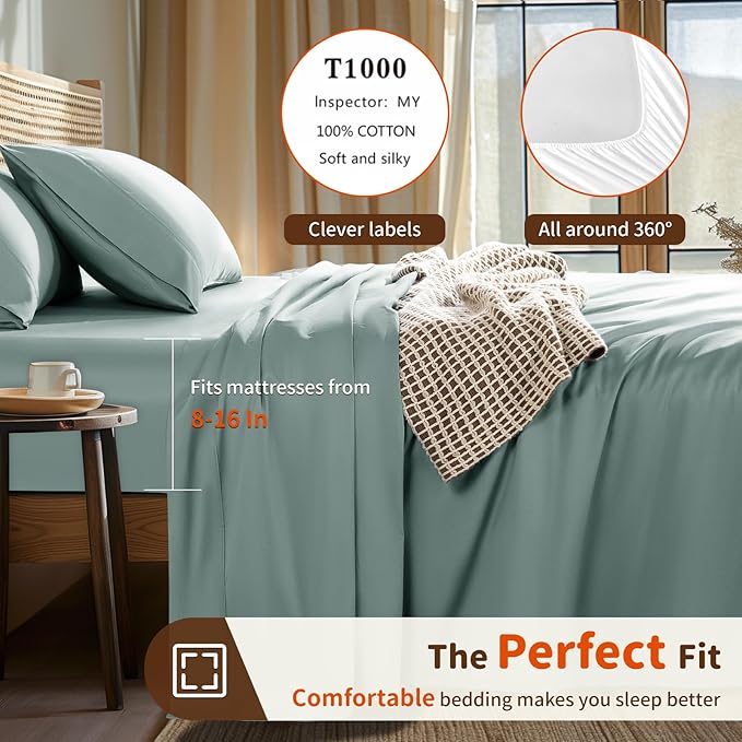 LBRO2M 1000 Thread Count 100% Egyptian Cotton Sheets Set Twin, 3 Piece Sets Bed Sheet Deep Pocket Sheet Set 16" Soft Comfortable All Season (Twin, Sage Green)