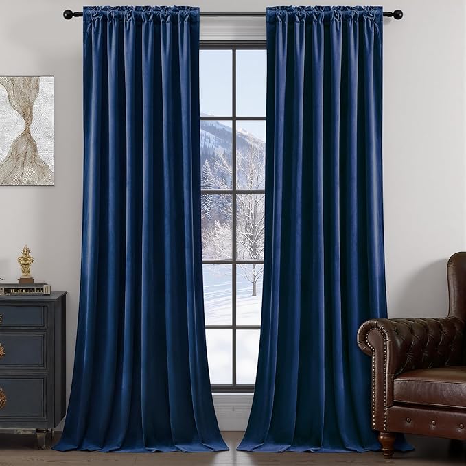 Navy Blue Velvet Blackout Curtains Extra Long Super Soft Room Darkening Drapes Elegant Thermal Insulated Sound Reducing Curtain for Bedroom Living Room, Back Tab Rod Pocket, W52 x L108, 2 Panels