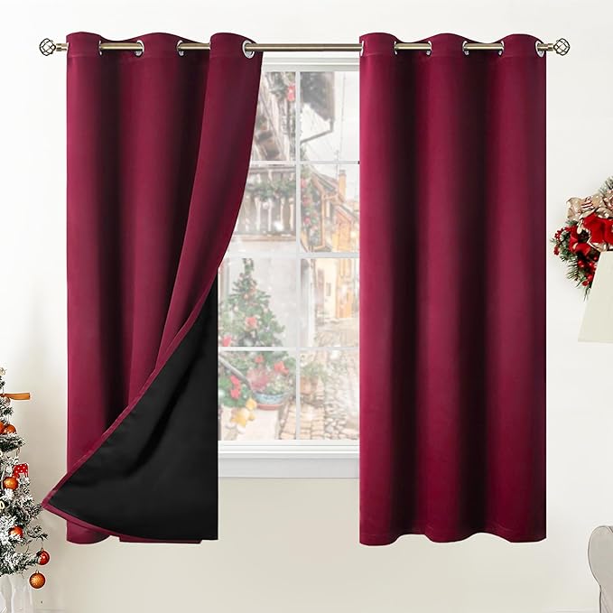 BGment Thermal Insulated 100% Blackout Curtains for Bedroom with Black Liner, Double Layer Full Room Darkening Noise Reducing Grommet Curtain (42 x 63 Inch, Burgundy Red, 2 Panels)