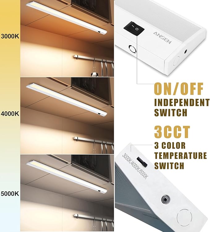 Ansen Hardwired Under Cabinet Lighting, 12in 10W LED Light for Kitchen/Closet, 666.7lm, CRI>92, R9>90, Dimmable, 3 Color Temperature, 3000K/4000K/5000K(Warm White, Cool White, Daylight)
