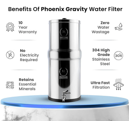 1.5 Gallons NSF Certified AISI 304 Stainless Steel Water Filter with 2 Smart Carbon (Black) Filters, 2 POSTreat Steel Fluoride Removal Elements & Free Stainless Steel Spigot