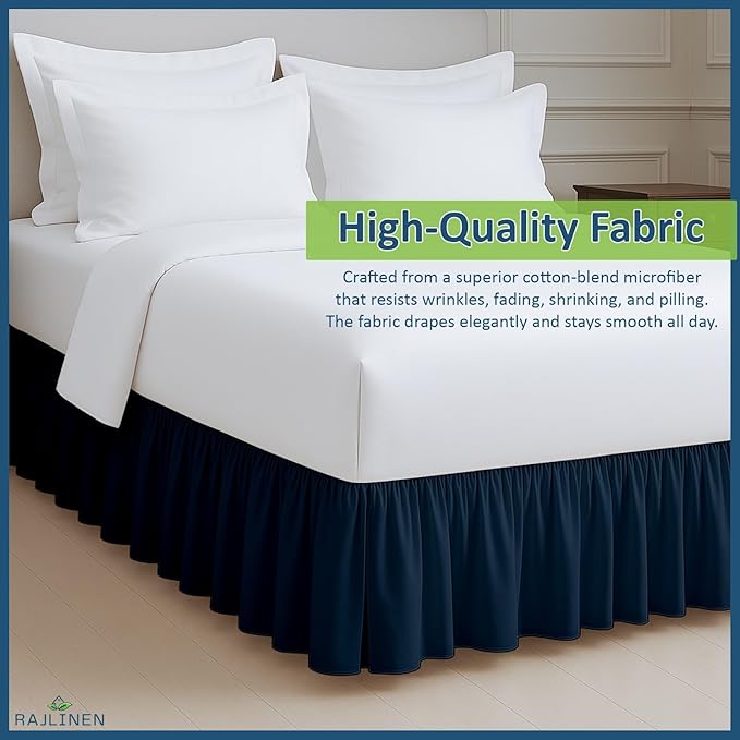 Rajlinen Ruffled Bed Skirt California King, 15 Inch Drop Dust Ruffle with Split Corners, 100% Microfiber Bedskirt with Platform, Three-Sided Coverage Ruffled Gathering Design, Navy Blue