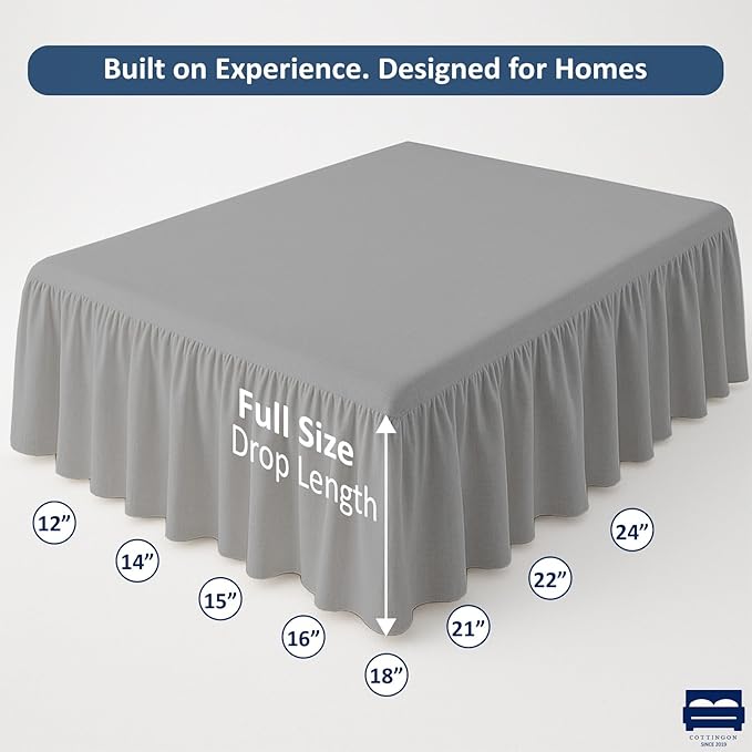 Ruffled Bed Skirt with Split Corners-Dust Ruffle - 18" Drop 100% Microfiber Soft,Sheen & Luxurious Look - Bed Skirts (Light Grey -Full)