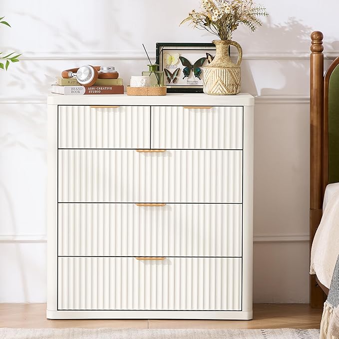 LEYAOYAO Fluted 5 Drawers Dresser for Bedroom, 34" Tall Modern Chest of Drawers with Metal Handle, Curved Profile Design,White Wood Drawer Organizer for Bedroom, Living Room, Hallway, Entryway