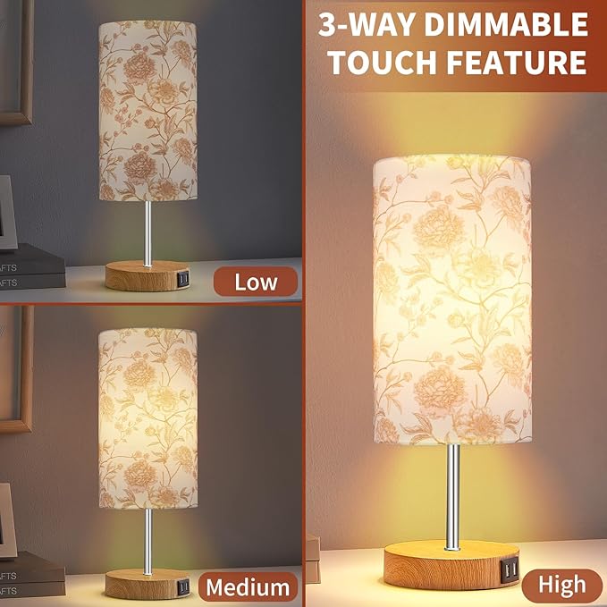 Bedside Touch Lamp, Wood Small Table lamp with 2 USB Charging Ports & Flower Fabric Shade, 3-Way Dimmable Nightstand Lamps for Living Room Bedroom Office Reading Desk Home Dorm Pink